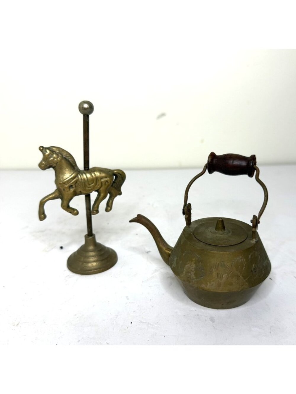 Vintage Brass Miniature Decorative Horse Carousel & Teapot Collectible Figurines